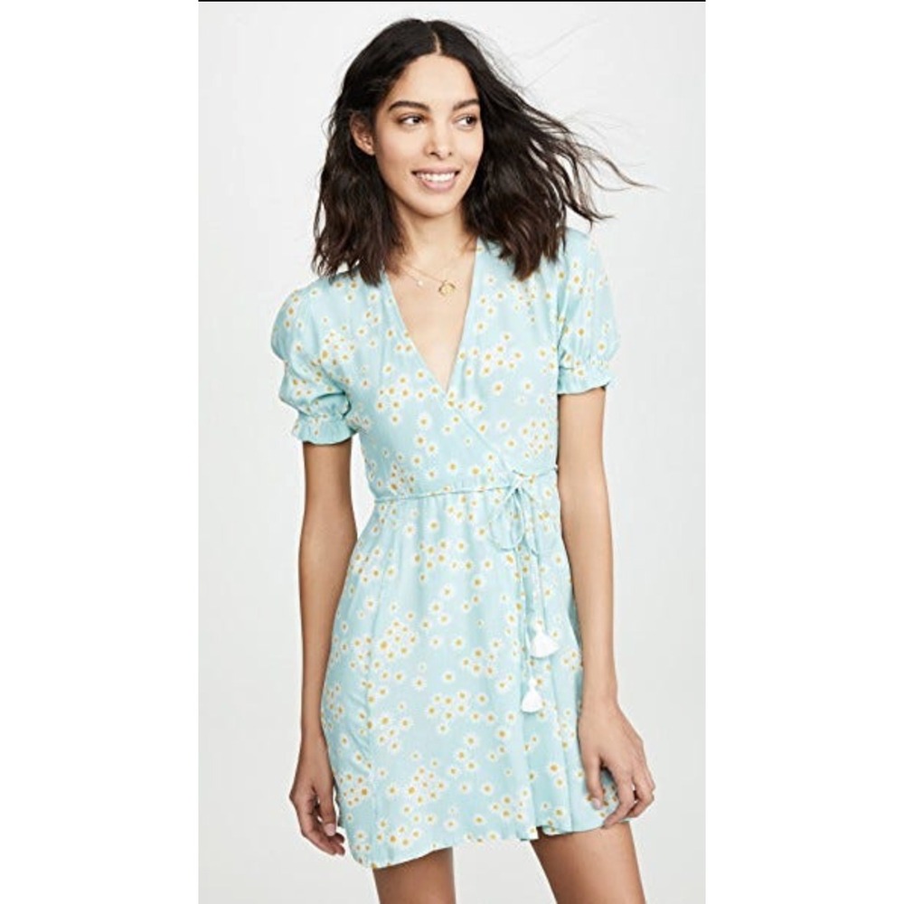 Faithfull The Brand Mira Blue Daisy Floral Wrap Mini Dress Sz 8‎ Picnic Sundress